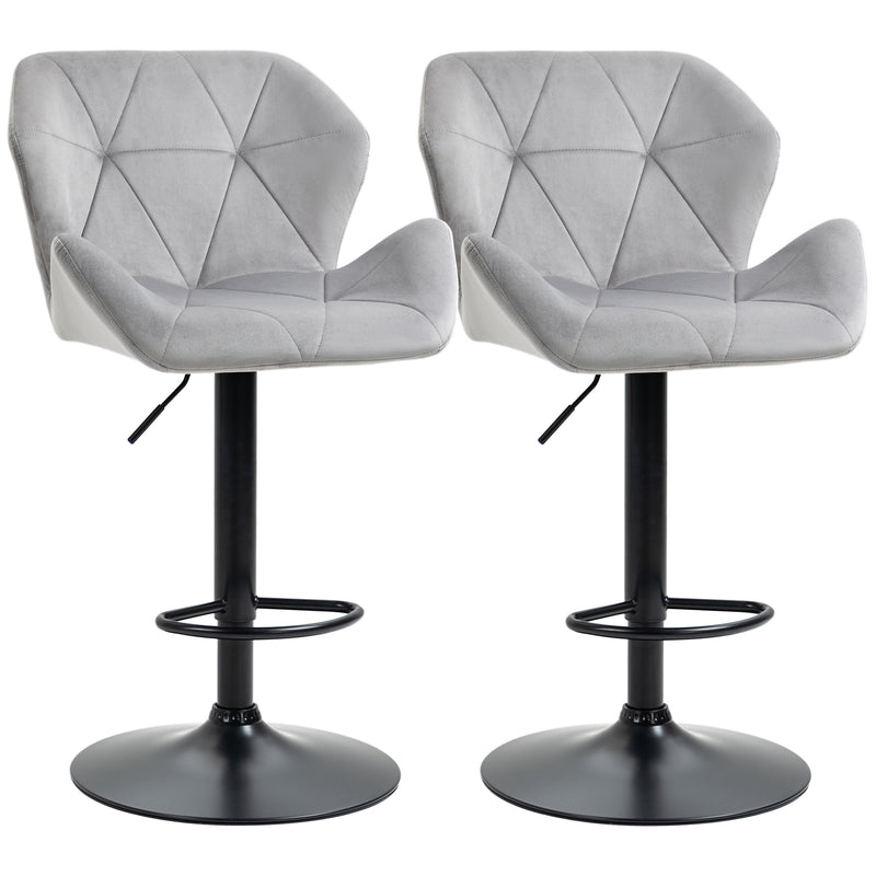 Set Of 2 Bar stools With Backs , Velvet-Touch Barstools w/ Metal Frame Footrest Triangle Indenting Moulded Seat Adjustable Height Swivel Grey