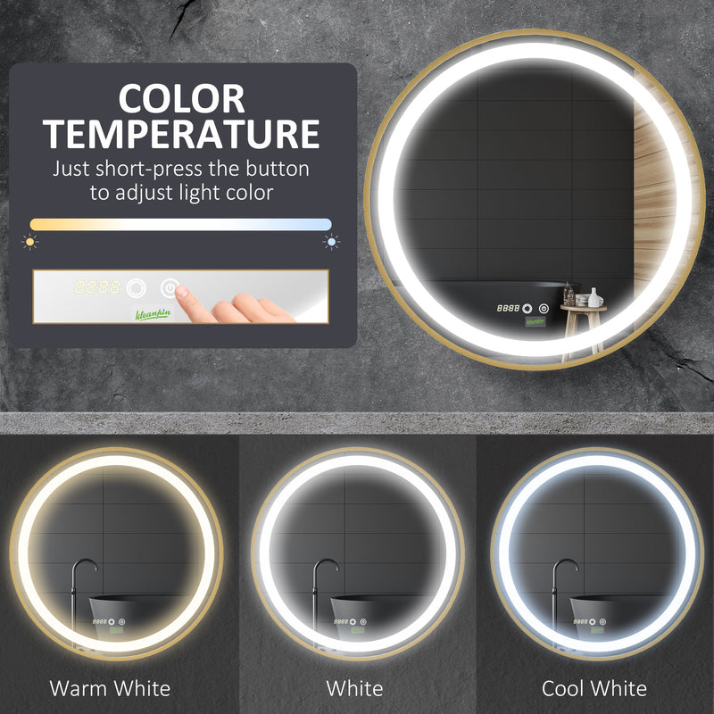 Round Illuminated Bathroom Mirrors Dimmable LED Lighted Wall Mount Mirror w/ 3 Colours, Time Display, Memory Function, 60cm