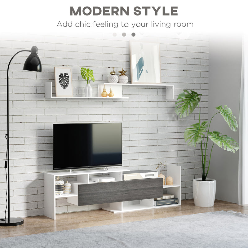 TV Unit with Storage for Wall-Mounted 65" TVs or Standing 50" TVs, TV stand set w/ a Wall Shelf & a Cabinet, Living Room Bedroom-White & Grey