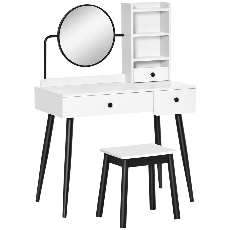 Dressing Table Set with Mirror and Stool, Vanity Makeup Table with 3 Drawers and Open Shelves for Bedroom, Living Room, White