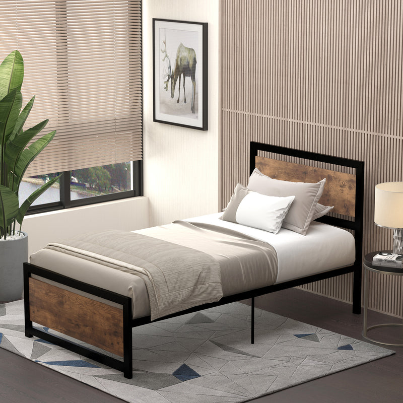 Industrial Style Single Metal Bed Frame with Headboard & Footboard