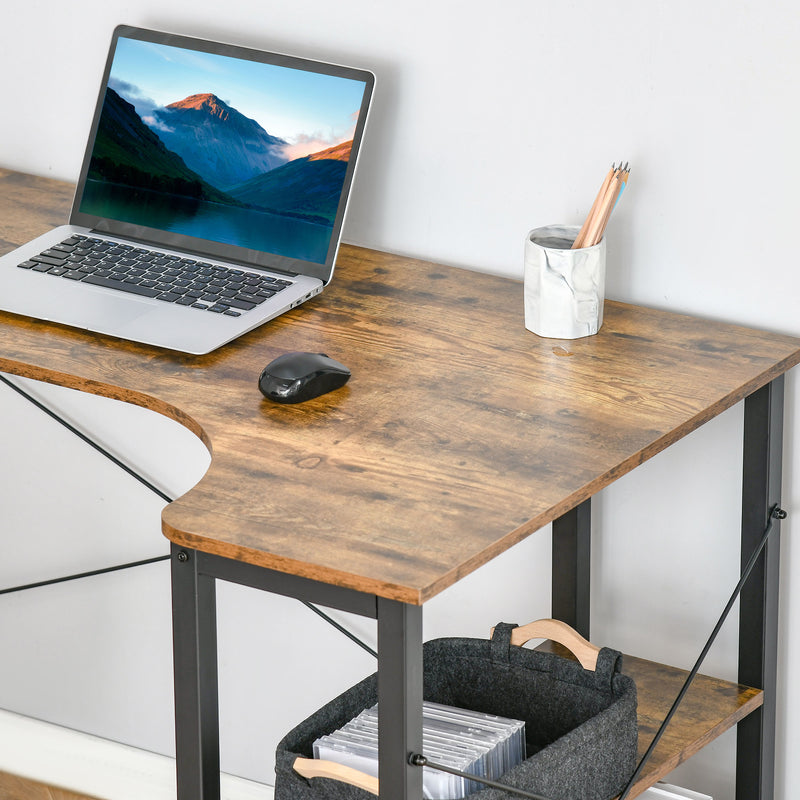 L-Shaped Computer Desk Home Office Corner Desk Study Workstation Table with 2 Shelves, Steel Frame, Rustic Brown