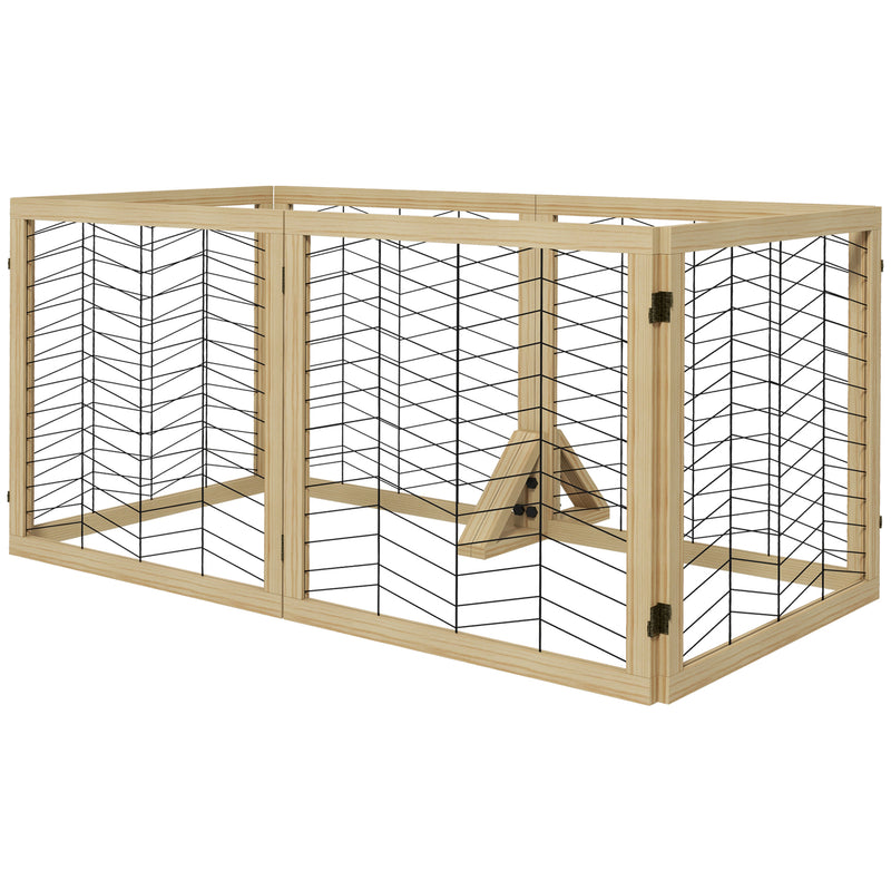 6 Panels Pet Gate, Wooden Foldable Dog Barrier w 2PCS Support Feet, for Small Medium Dogs - Natural Wood Finish