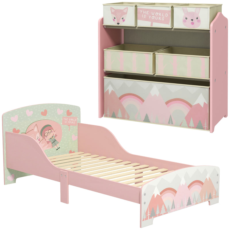 Toddler Bed Frame, Kids Storage Shelf Unit with 6 Fabric Bins for Ages 3-6 Years, Pink