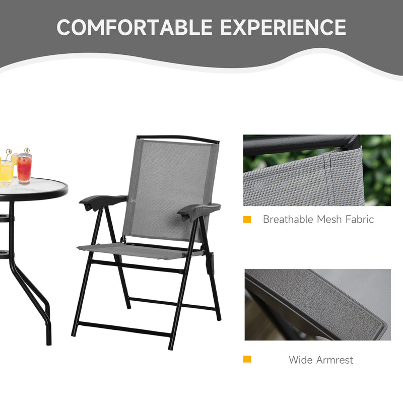 3 Piece Patio Furniture Bistro Set 2 Folding Chairs 1 Tempered Glass Table Adjustable Backrest - Grey