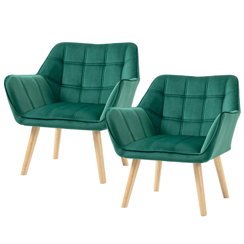 Armchair Accent Chair, Vanity Chair with Wide Arms, Slanted Back, Padding, Metal Frame, Wooden Legs, Home Bedroom Furniture Seating, Set of 2, Green