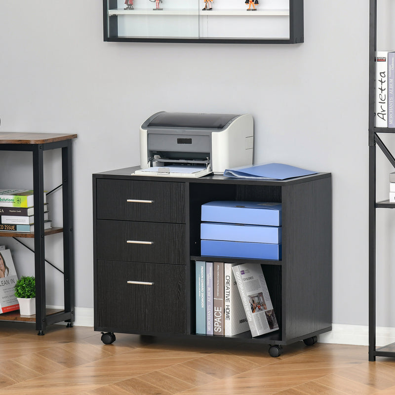 Freestanding Printer Stand Unit Office Desk Side Mobile Storage w/ Wheels 3 Drawers, 2 Open Shelves Modern Style 80L x 40W x 65H cm - Black