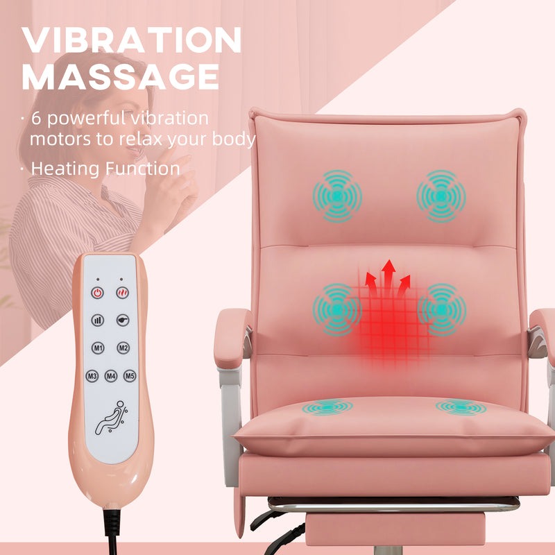 Vibration Massage Office Chair with Heat, Faux Leather Computer Chair with Footrest, Armrest, Reclining Back, Double-tier Padding, Pink