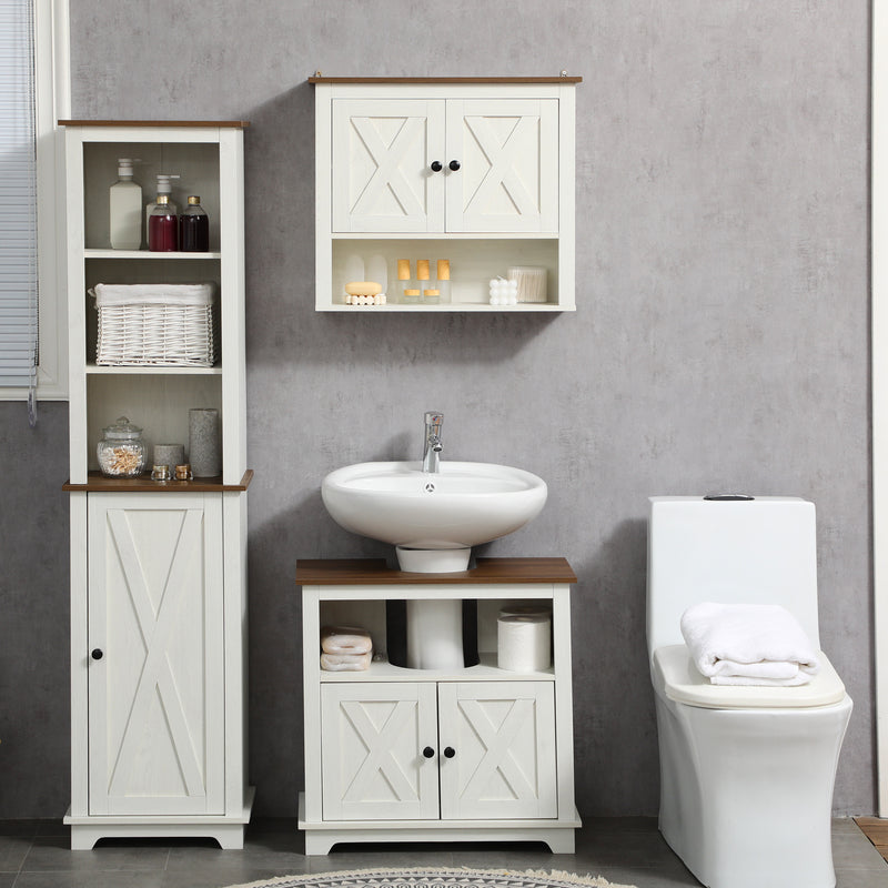 Under Sink Cabinet Bathroom Vanity Unit with Double Doors and Storage Shelves, 60 x 30 x 60cm, White