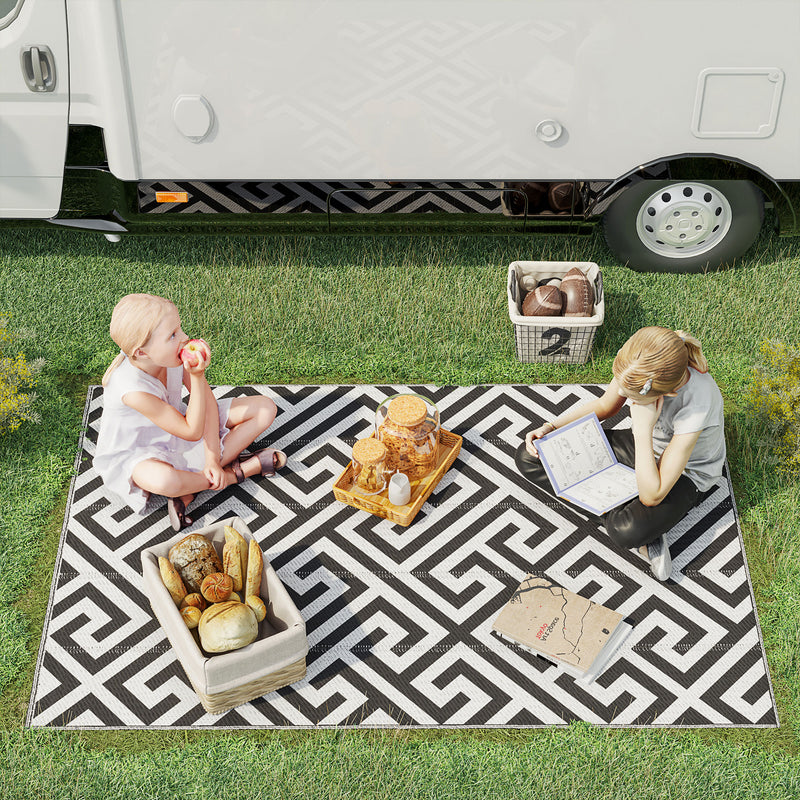 121 x 182 cm(4x6ft) Outdoor Patio Rug Reversible Mat Plastic Straw Rug Portable RV Camping Mat for Garden Deck Picnic Indoor, Black & White