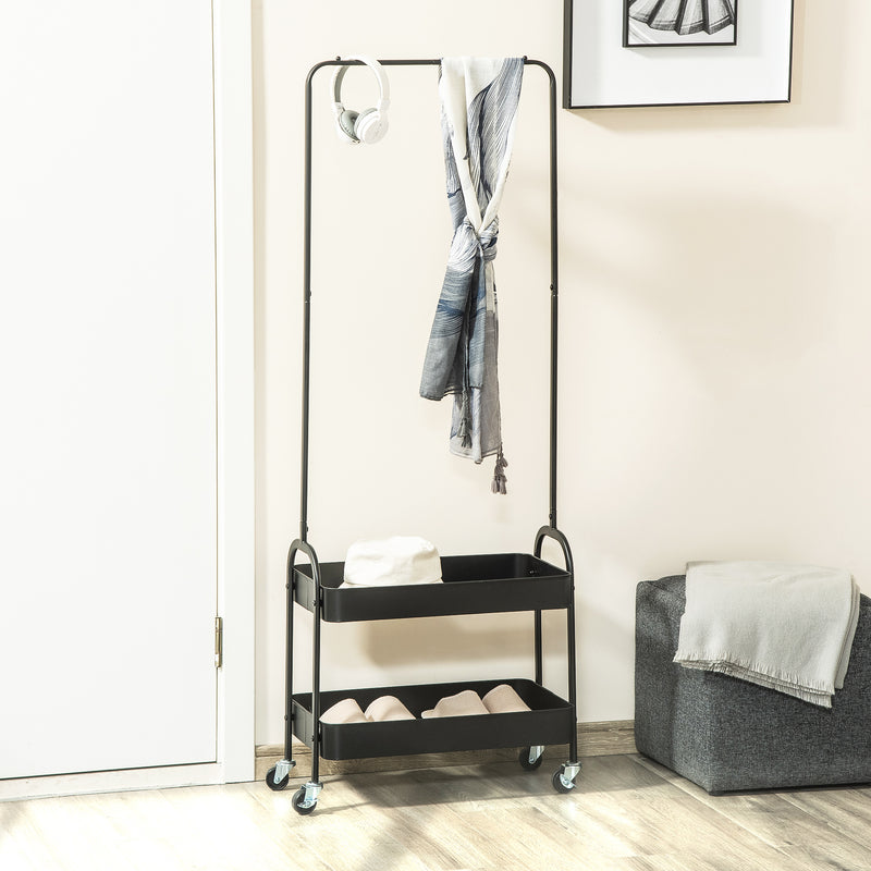 Metal Clothes Rack with Shoe Storage, Clothing Rail on Wheels, Freestanding Hall Tree, Coat Stand with 2 Storage Shelf, Black