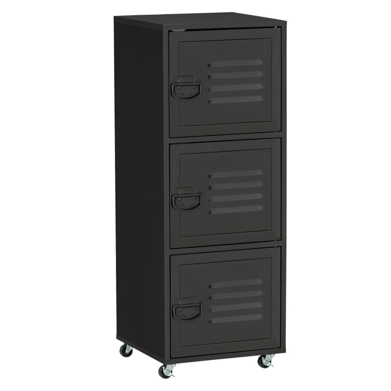 Rolling Storage Cabinet 3-Tier Mobile File Cabinet with Wheels & Metal Doors for Home Office, Living Room, Black