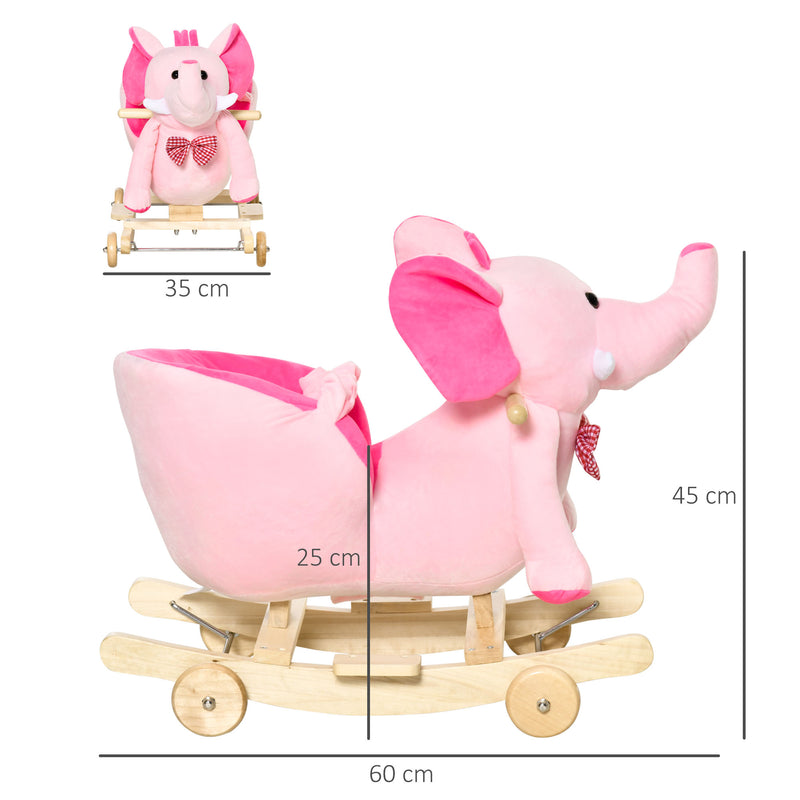 2 In 1 Plush Baby Ride on Rocking Horse Elephant Rocker with Wheels Wooden Toy for Kids 32 Songs (Pink)