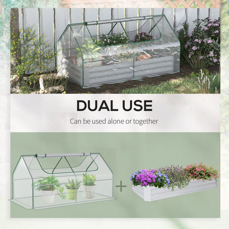 Raised Garden Bed with Greenhouse, Steel Planter Box with Plastic Cover, Roll Up Window, Dual Use for Flowers, Vegetables, Fruits, Clear