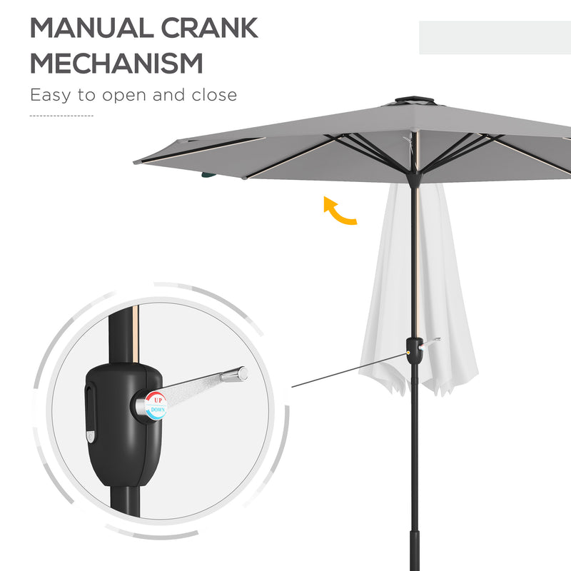 Garden Parasol with LED Lights, Solar Charged Patio Umbrella with Crank Handle, for Outdoor, Light Grey