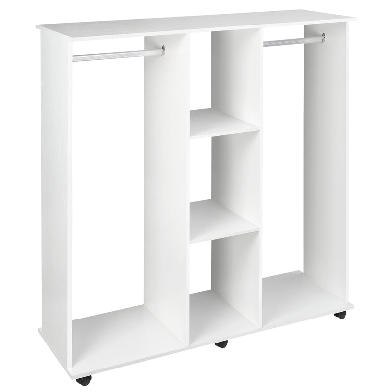 Double Mobile Open Wardrobe With Clothes Hanging Rails Storage Shelves Organizer Bedroom Furniture - White