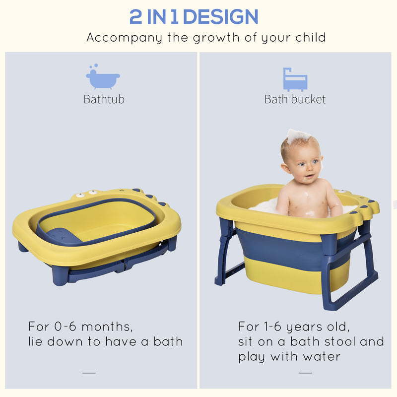 Baby Bath Tub for 0-6 Years Collapsible Non-Slip Portable with Stool Seat for Newborns Infants Toddlers Kids Crocodile Shape Yellow
