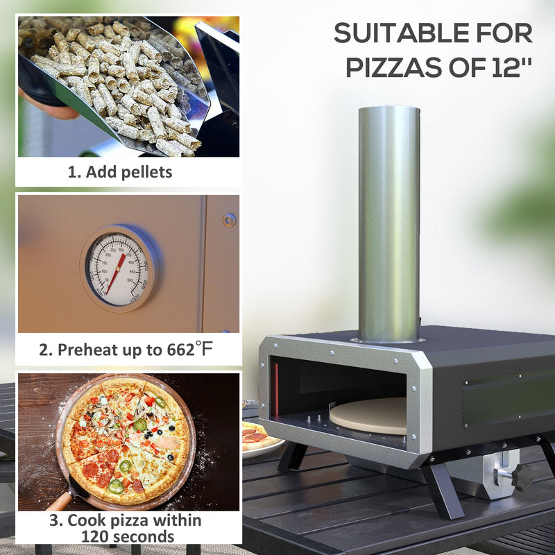 Portable Wood Pellet Pizza Oven with 12" / 30cm Rotating Pizza Stone, Peel and Cover, Wood Fired Pizza Maker with Thermometer for Outdoor Garden Cooking