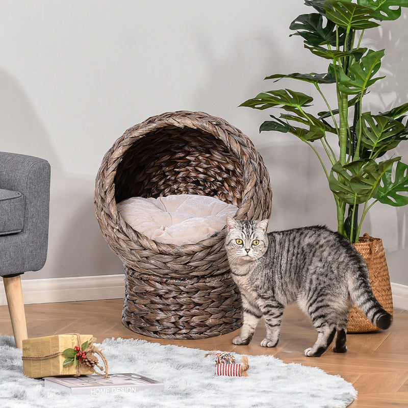 Wicker Cat Bed, Raised Rattan Cat Basket with Cylindrical Base, Soft Washable Cushion, 42 x 33 x 52cm - Brown