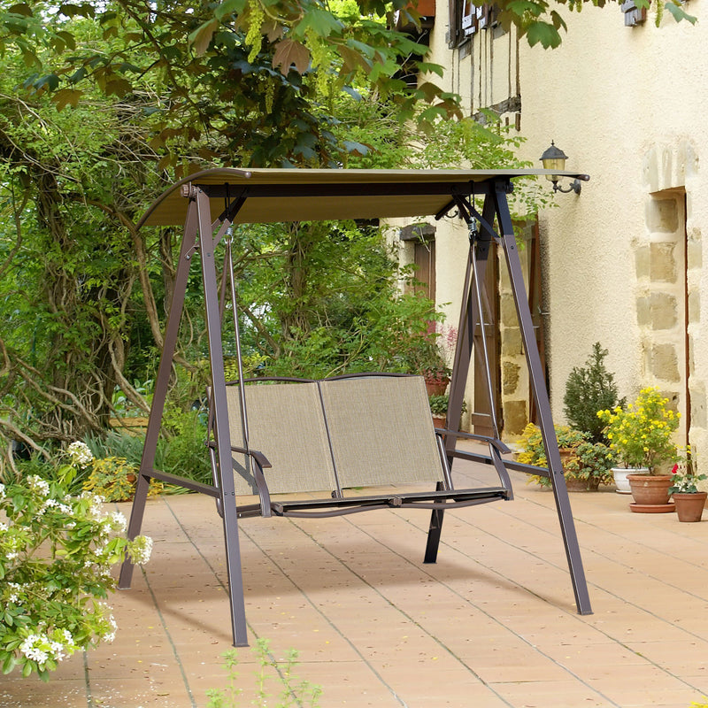 2 Seater Garden Swing Chair, Outdoor Canopy Swing Bench with Adjustable Shade and Metal Frame, Brown