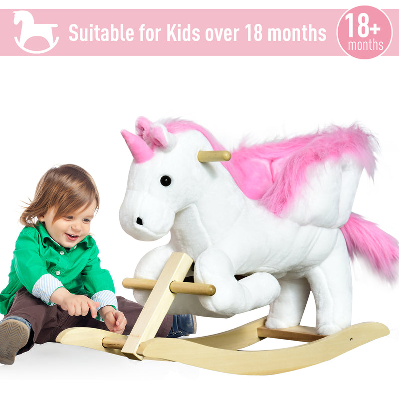 Unicorn Rocking Horse Kids Wooden Ride On Plush Toy w/ Music