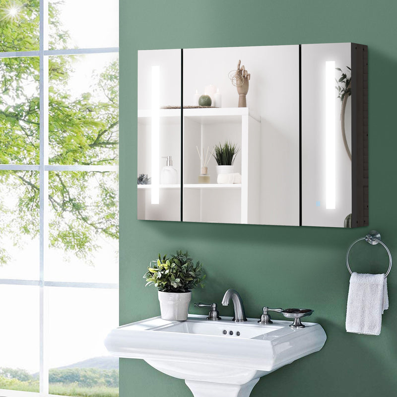 LED Bathroom Cabinet with Mirror, Wall Mounted Dimmable Storage Organiser with 3 Mirrored Doors and Adjustable Shelves