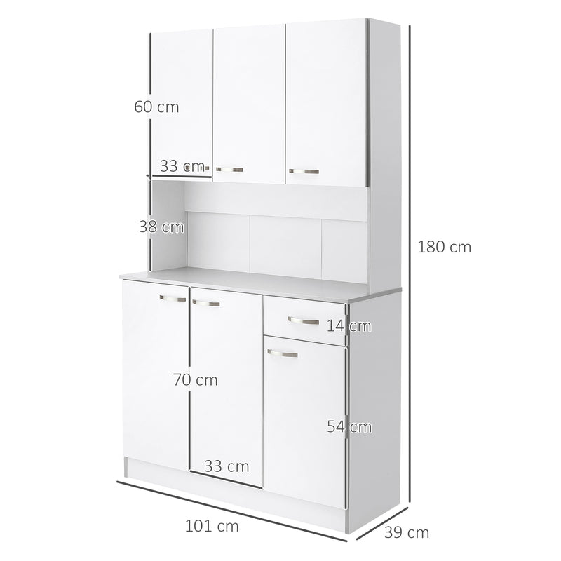 Kitchen Cupboard, Freestanding Kitchen Storage Cabinet with 6 Doors, Drawer, Adjustable Shelves and Open Countertop for Dining Room, White