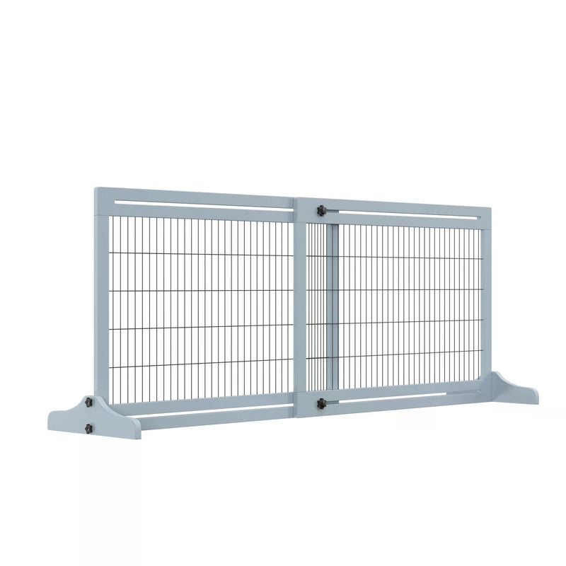 Adjustable Wooden Pet Gate, Freestanding Dog Barrier Fence with 3 Panels for Doorway, Hallway, 69H x 104-183H cm, Blue