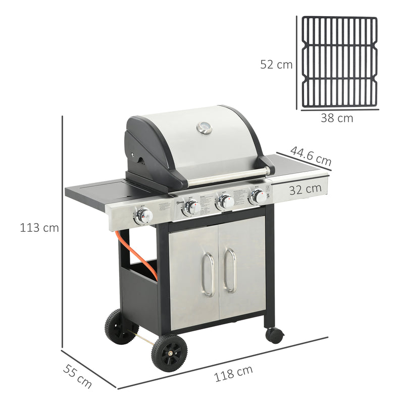 Gas Barbecue Grill 3+1 Burner Garden Smoker BBQ Trolley w/ Side Burner Warming Rack Side Shelves Piezo Ignition Thermometer
