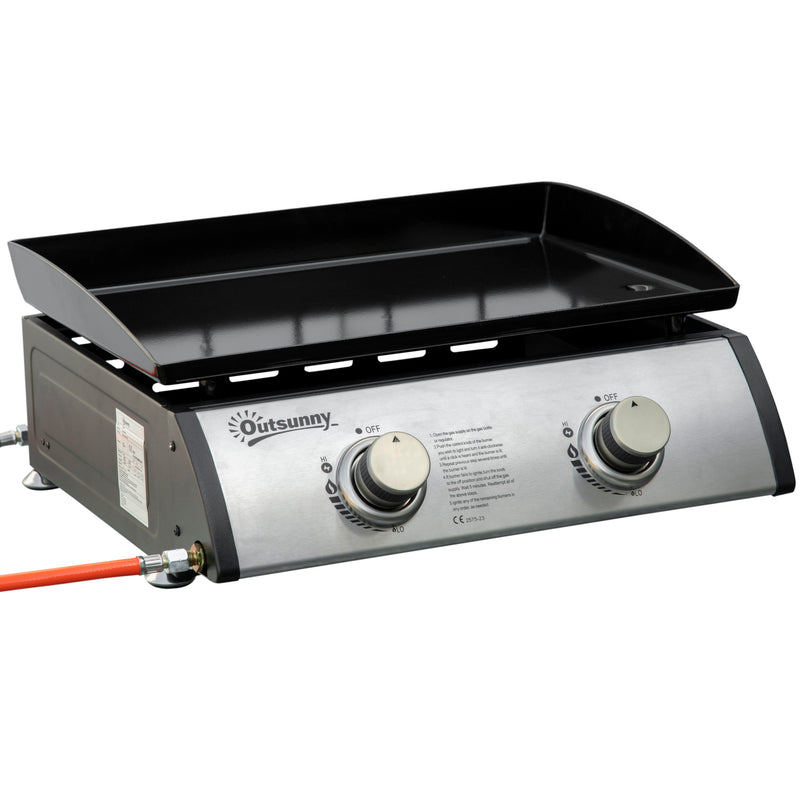 Gas Plancha Barbecue Grill 6kW Portable Tabletop Gas BBQ w/ 2 Burners, Non-stick Hotplate, Drain Hole and Grease Collection Box