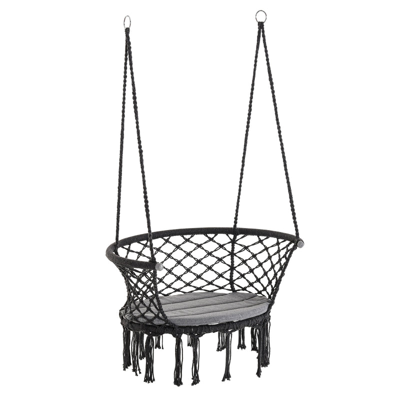 Hanging Hammock Chair Cotton Rope Porch Swing with Metal Frame and Cushion, Large Macrame Seat for Patio, Bedroom, Living Room, Dark Grey