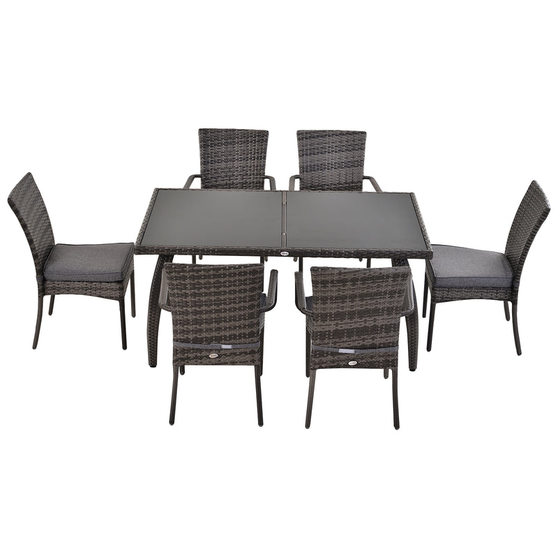 6-Seater Garden Dining Set Steel Frame PE Rattan Wicker w/ 6 Chairs Large Table Glass Top Curved Legs Feet Pads Thick Cushions Suitable Grey