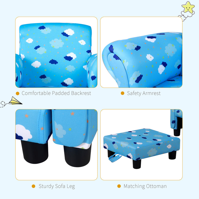 Childrens Sofa Mini Sofa Wood Frame w/ Footrest Anti-Slip Legs High Back Arms Bedroom Playroom Furniture Cute Cloud Star Blue