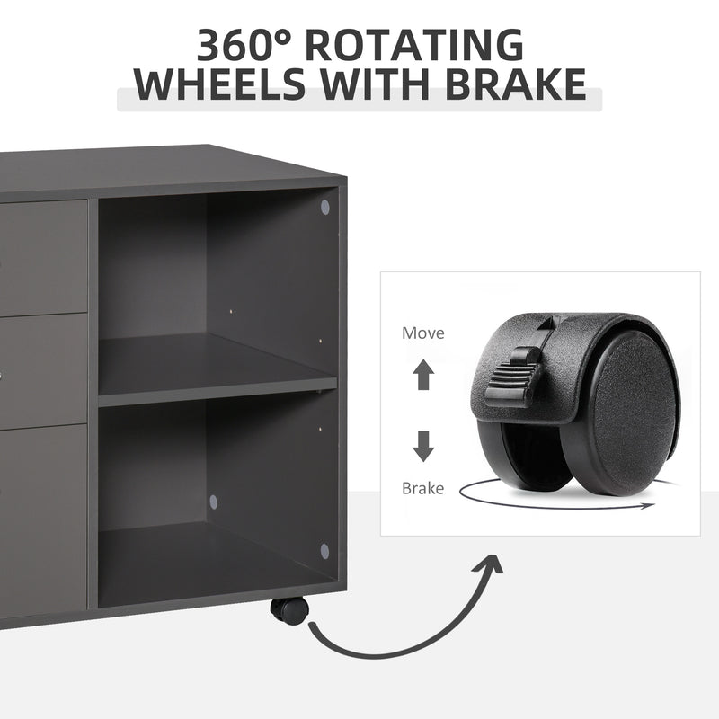 Freestanding Printer Stand Unit Office Desk Side Mobile Storage w/ Wheels 3 Drawers, 2 Open Shelves Modern Style 80L x 40W x 65H cm - Grey
