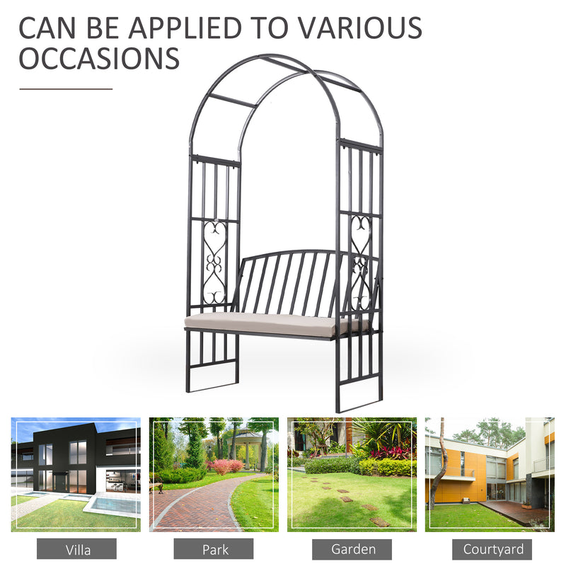 Garden Metal Arch Bench, Outdoor Furniture Chair with Cushion Outdoor Patio Rose Trellis Arbour Pergola, for Climbing Plant 114x 60 x 206 cm