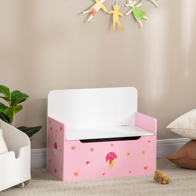 2-IN-1 Wooden Toy Box, Kids Storage Bench Toy Chest with Safety Pneumatic Rod, Cute Pattern, Pink