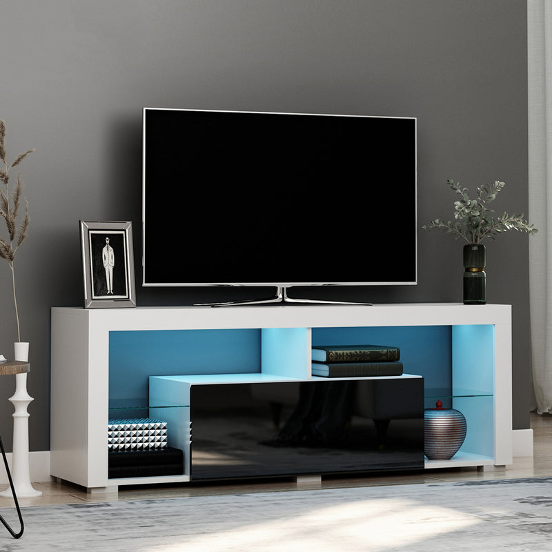 140cm TV Stand Cabinet High Gloss Media TV Stand Unit with LED RGB Light and Storage Shelf for 55 inch TV Black and White