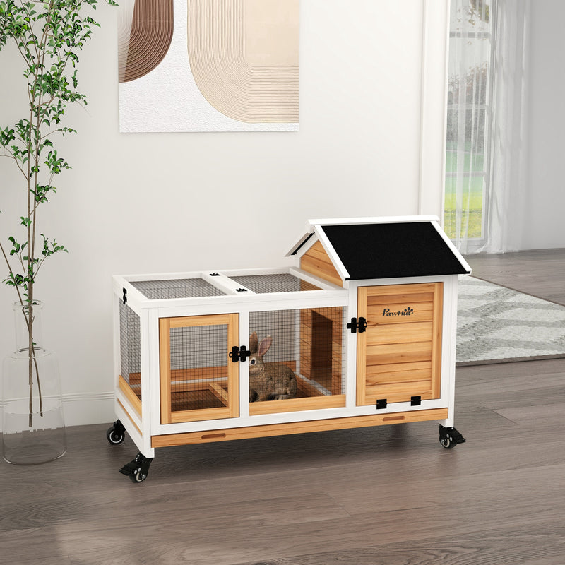 Wooden Rabbit Hutch, Guinea Pig Cage, with Removable Tray, Wheels - Yellow