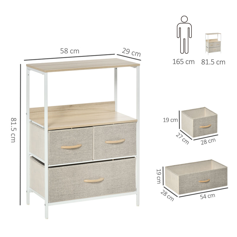 Chest of Drawers Bedroom Unit Storage Cabinet with 3 Fabric Bins for Living Room, Bedroom and Entryway, White
