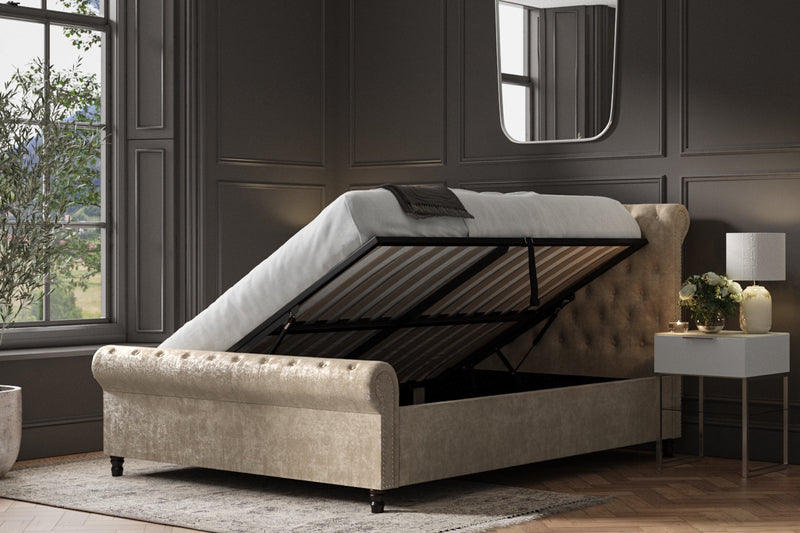 Castello charcoal fabric ottoman on sale scroll sleigh bed