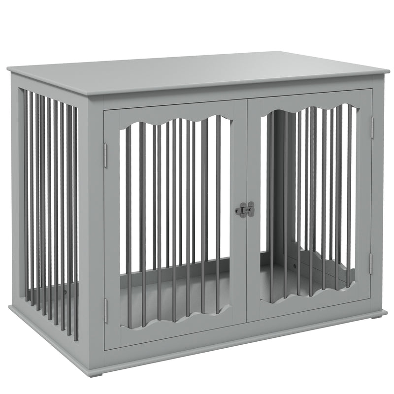 Dog Crate End Table w/ Three Doors, Furniture Style Dog Crate, for Big Dogs, Indoor Use w/ Locks and Latches - Grey