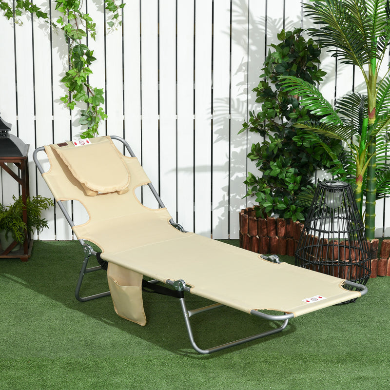 Foldable Sun Lounger, Beach Chaise Lounge with Reading Hole, Arm Slots, 5-Position Adjustable Backrest, Side Pocket, Pillow for Patio, Beige