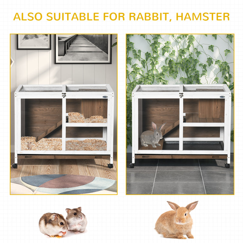 Wooden Rabbit Hutch Guinea Pigs House Bunny Small Animal Cage W/ Pull-out Tray Openable Roof Wheels 91.5 x 53.3 x 73 cm, Brown