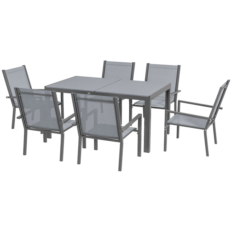 7 Pieces Garden Dining Set with Wood-plastic Composite Dining Table, and 6 Stackable Armchairs with Breathable Mesh Fabric
