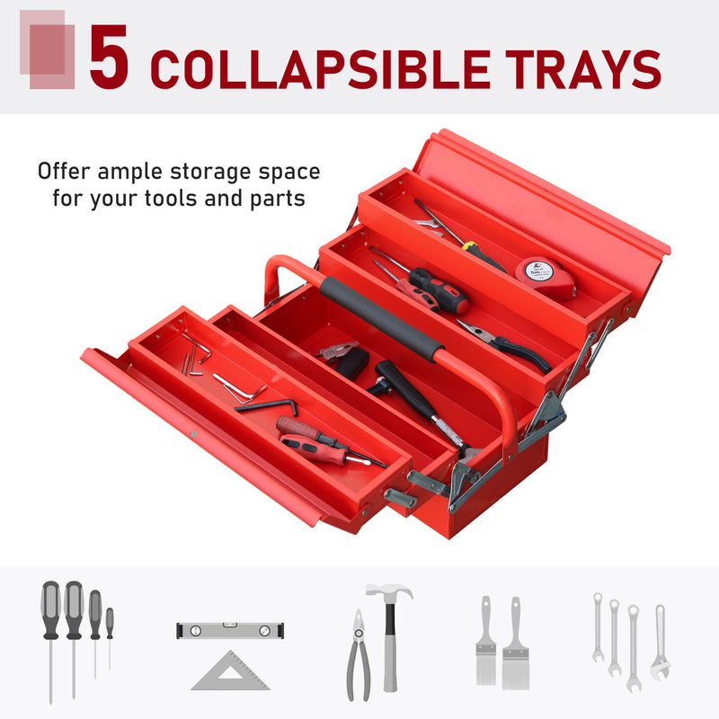 Metal Tool Box 3 Tier 5 Tray Professional Portable Storage Cabinet Workshop Cantilever Toolbox with Carry Handle, 45cmx22.5cmx34.5cm, Red