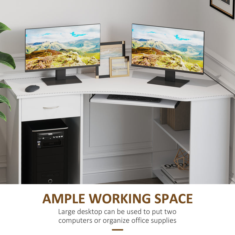 L-Shaped Corner Computer Desk w/ 2 Shelves Wide Worktop Keyboard Tray Drawer & CPU Stand Home Office Study Bedroom Furniture White