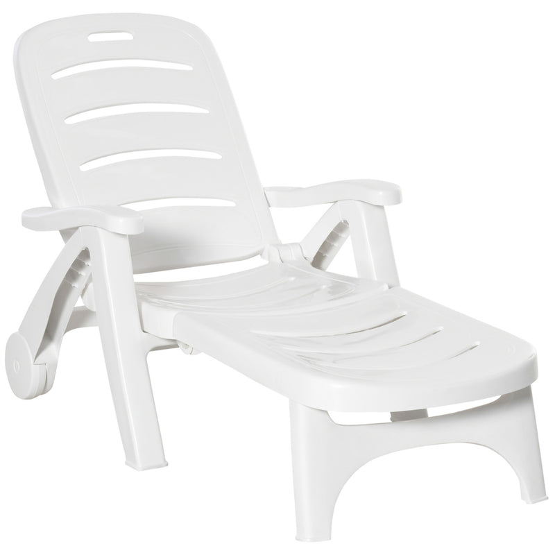 Outdoor Folding Plastic Chaise Lounge Chair on Wheels, Patio Sun Lounger Recliner & 5-Position Backrest for Garden, Beach, Pool, White