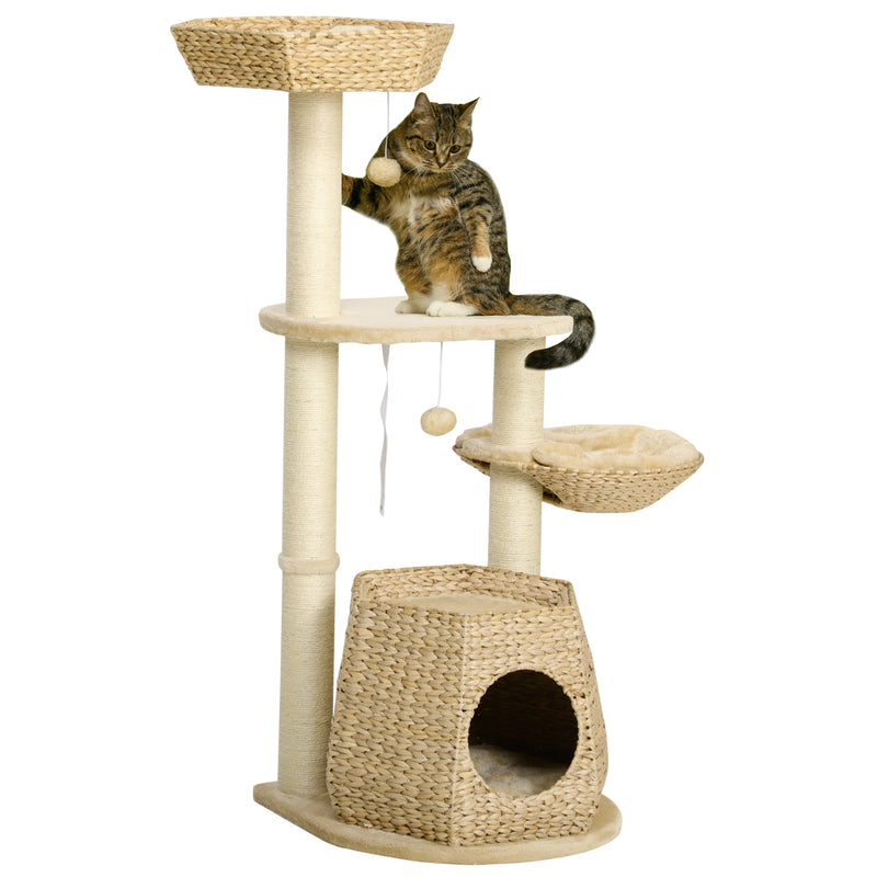 Cat Tree Tower, Climbing Activity Centre, Kitten Furniture w/ Cattail, Bed, House, Sisal Post, Hanging Ball, Natural Tone