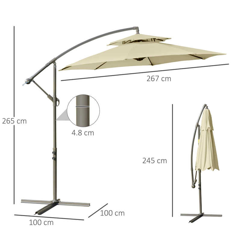 2.7m Garden Banana Parasol Cantilever Umbrella with Crank Handle, Double Tier Canopy and Cross Base for Outdoor, Hanging Sun Shade, Beige
