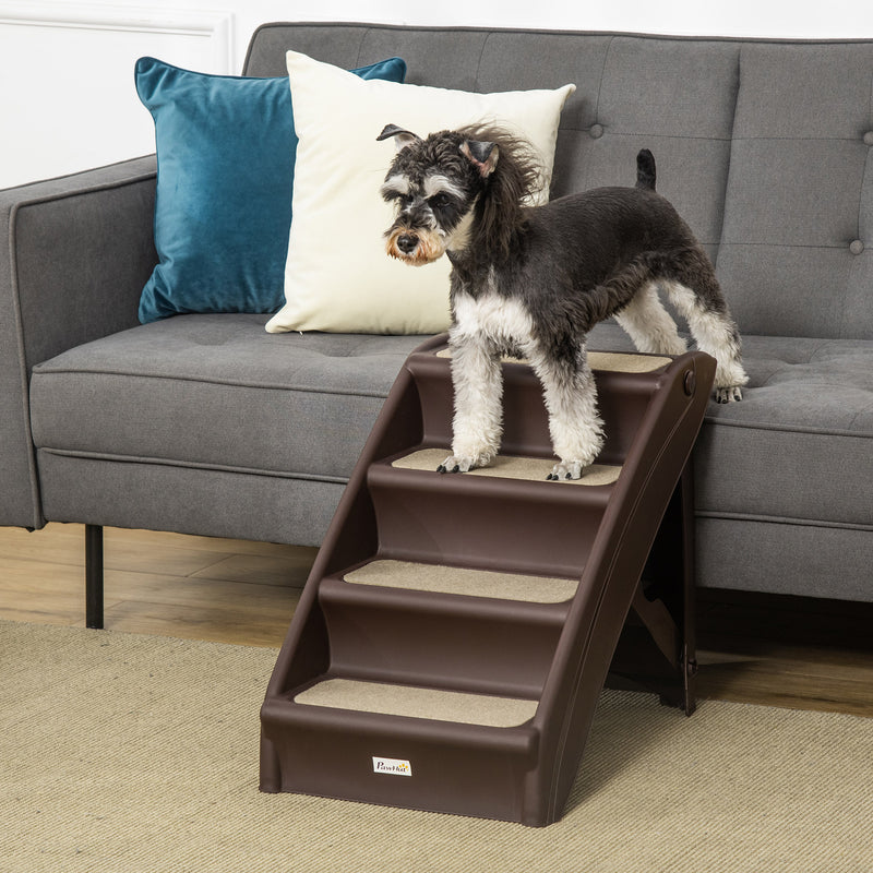 Foldable Pet Stairs, 4-Step for Cats Small Dogs with Non-slip Mats, 62 x 38 x 49.5 cm, Dark Brown